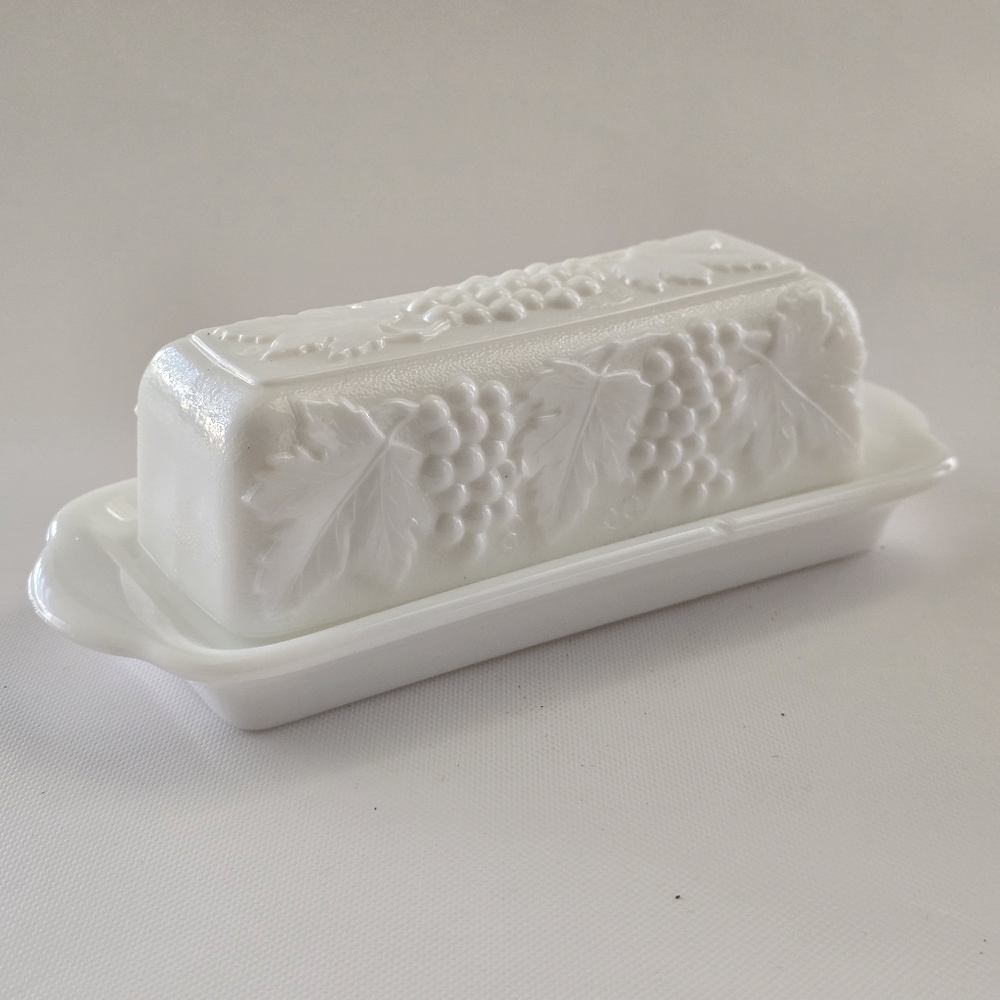 Vintage Imperial Glass Milk Glass Grape Pattern Butter Dish with Lid